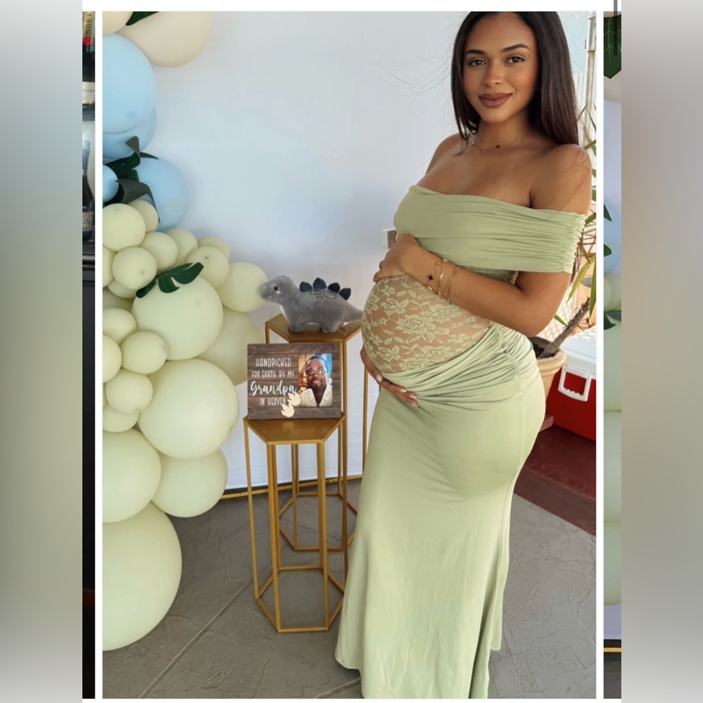 Sage Green One-Shoulder Maternity Maxi Dress with Lace Panel